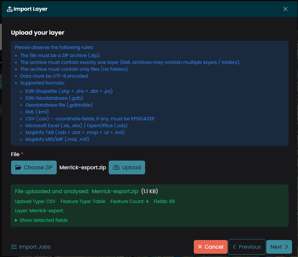 The upload step of the Import Layer wizard
