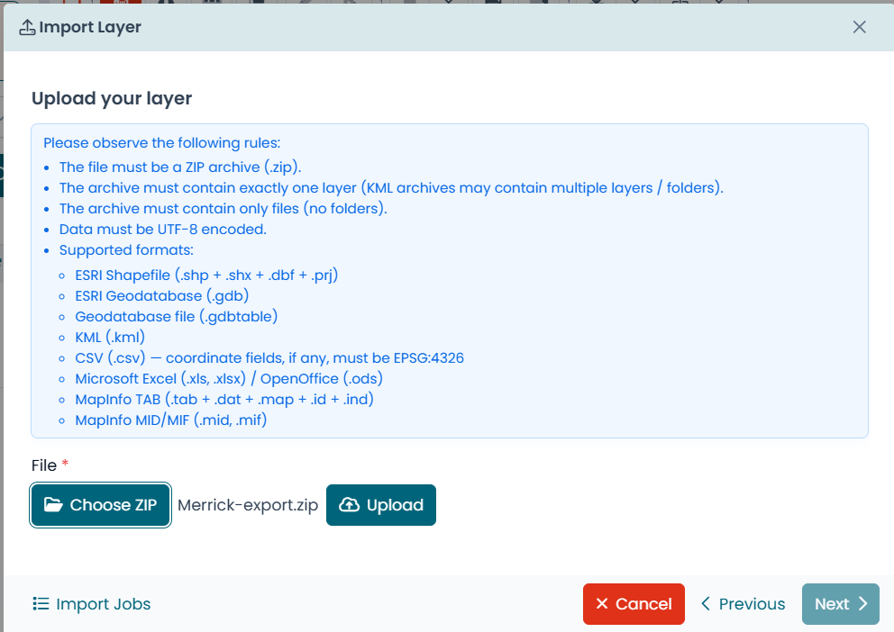 The upload step of the Import Layer wizard