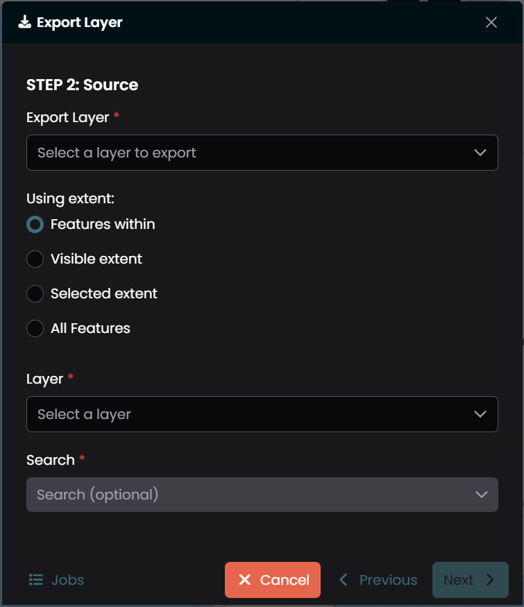 Step 2 (Source) of the Export Layer wizard with layer, search, and extent options