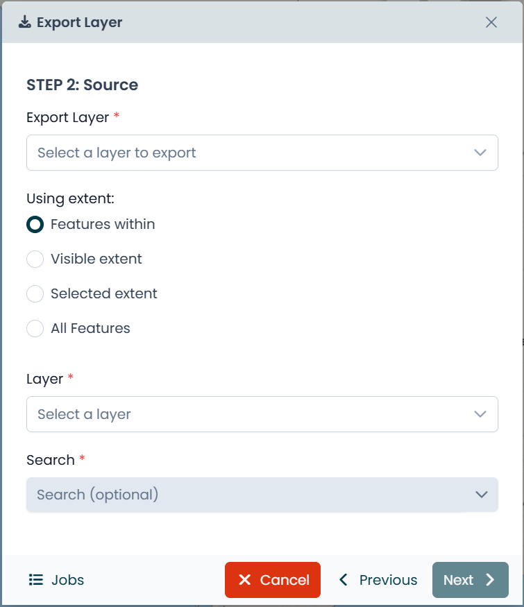 Step 2 (Source) of the Export Layer wizard with layer, search, and extent options