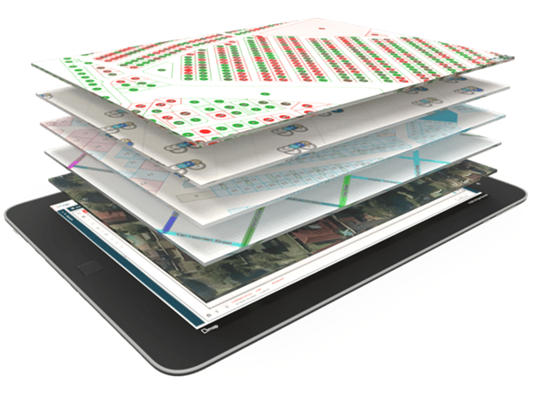 Map layers shown as separate transparent sheets stacked to form the final map