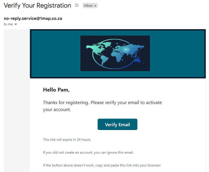 Email verification message shown after submitting your registration