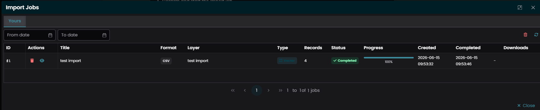 The Import Jobs dialog showing a completed import