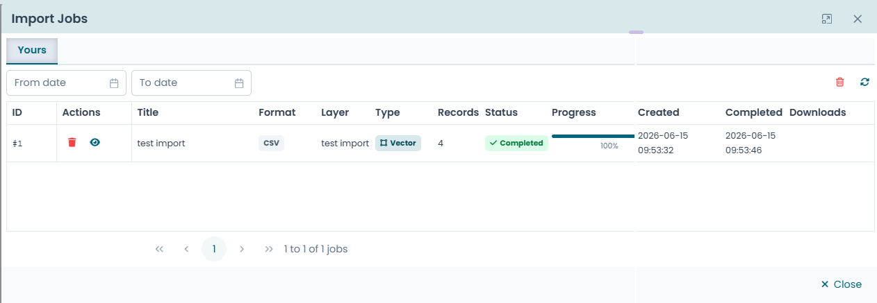 The Import Jobs dialog showing a completed import