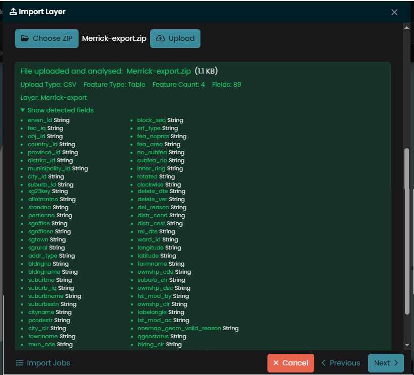The upload analysis showing the detected layer, feature count, and fields