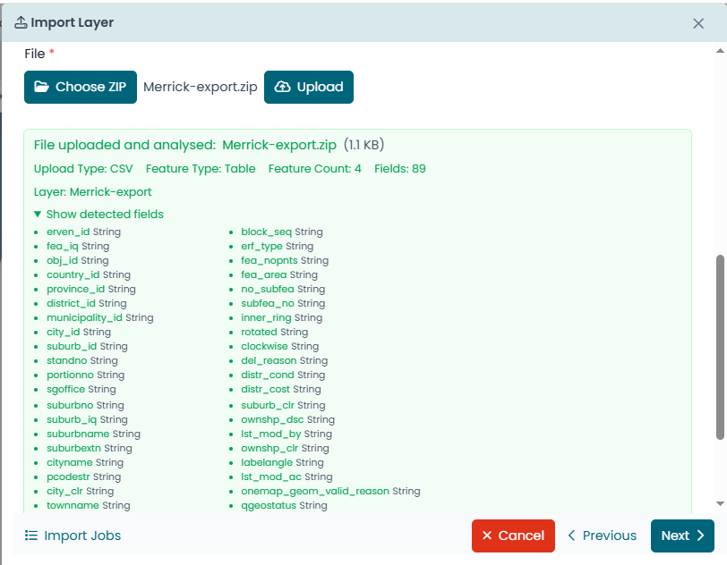 The upload analysis showing the detected layer, feature count, and fields