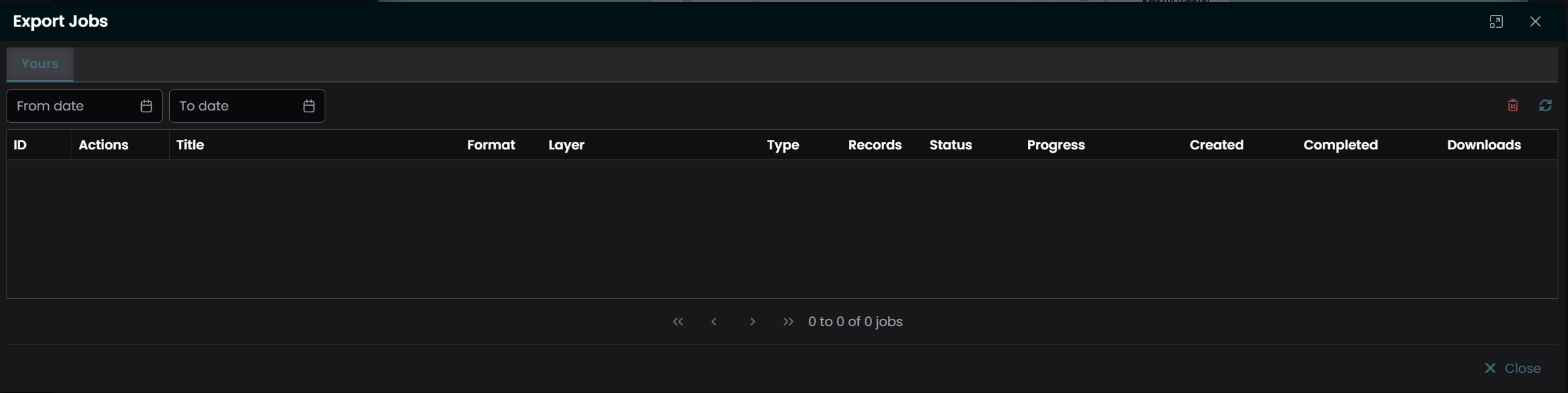 The Export Jobs dialog with date filters and the job list columns
