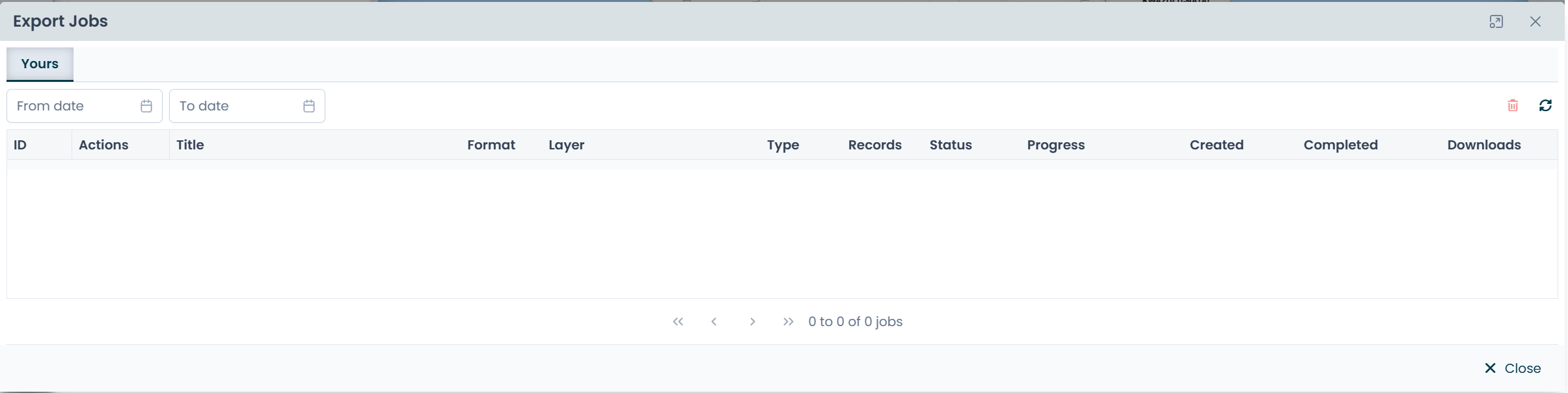 The Export Jobs dialog with date filters and the job list columns