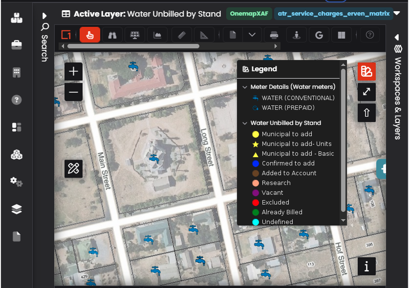 The map legend showing symbols for the visible layers