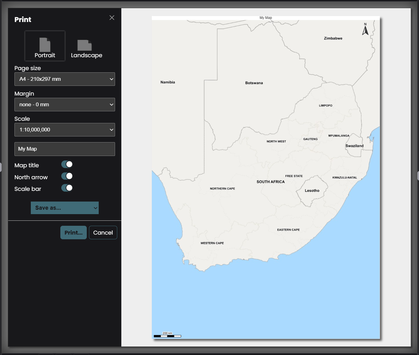 Map printing options: page size, orientation, scale, north arrow, title, and the save/print buttons