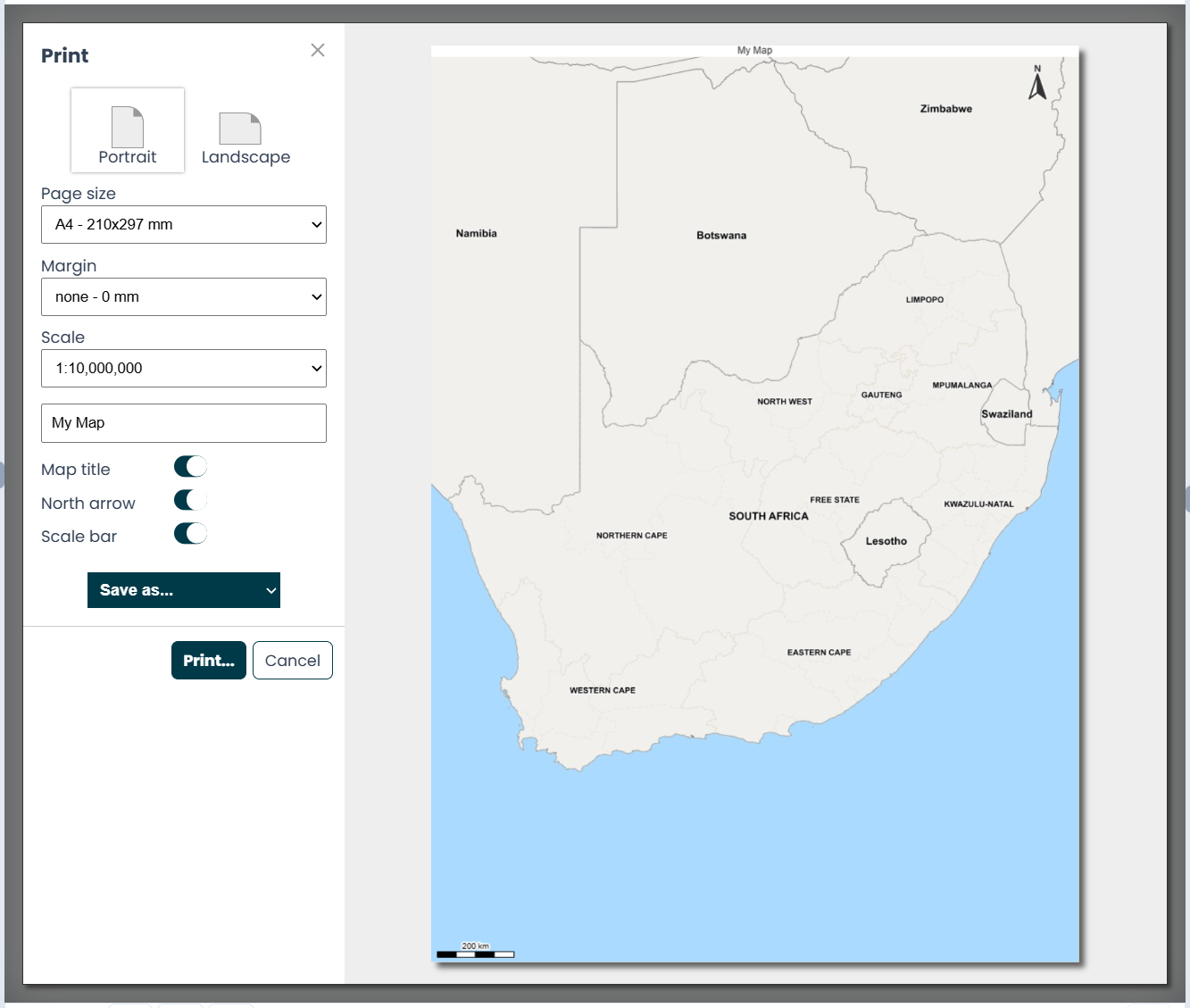 Map printing options: page size, orientation, scale, north arrow, title, and the save/print buttons