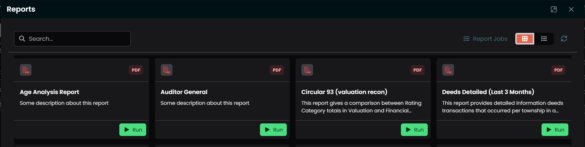 The Reports dialog with the list of configured reports and the Report Jobs button
