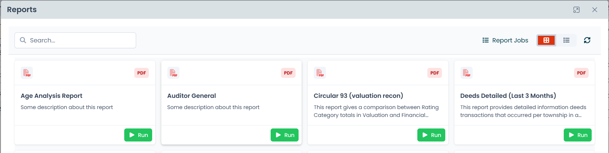 The Reports dialog with the list of configured reports and the Report Jobs button
