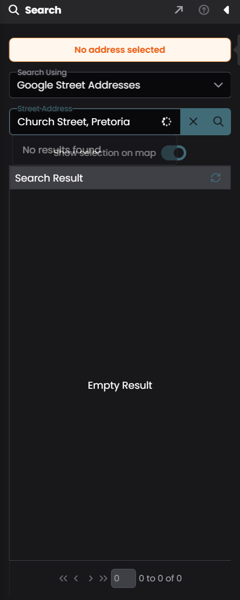 The Search panel with the Search Using dropdown, search box, and result list
