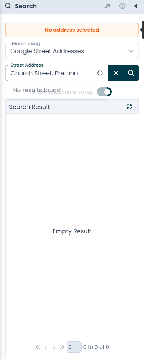 The Search panel with the Search Using dropdown, search box, and result list